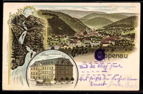 Lithographie Oppenau, Hotel zum Goldenen Adler, Ortsansicht