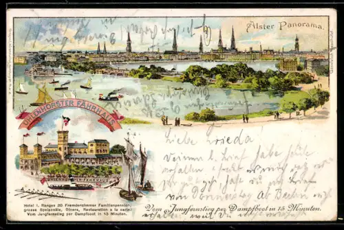 Lithographie Hamburg, Alster-Panorama, Uhlenhorster Fährhaus