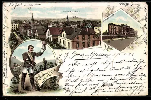 Lithographie Giessen, Neue Universität, Ortsansicht von Süden, Verbindungsstudent mit Weinglas und Degen