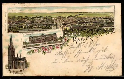 Lithographie Kaiserslautern, Gewerbemuseum, St. Marien Kirche, Gesamtansicht