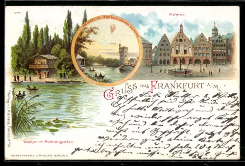 Lithographie Frankfurt-Westend, Blick auf den Römer, Weiher im Palmengarten
