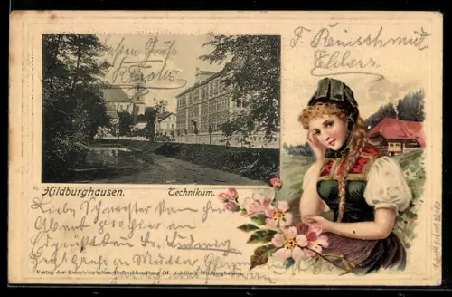 Passepartout-Lithographie Hildburghausen, Technikum, Junge Frau in Tracht