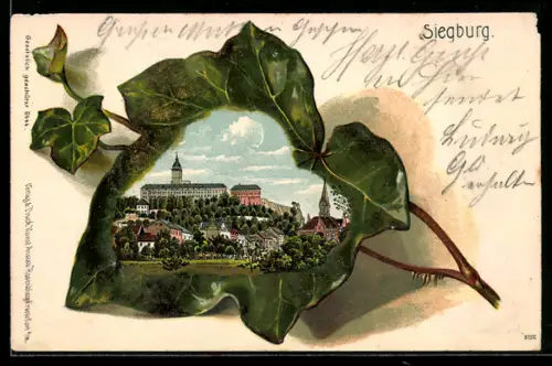 Passepartout-Lithographie Siegburg, Ortsansicht mit Abtei im Efeublatt