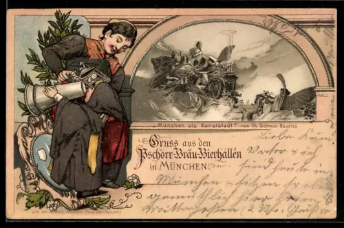 Lithographie München, Pschorr-Bräu-Bierhallen in der Neuhauser Strasse, Wandbild