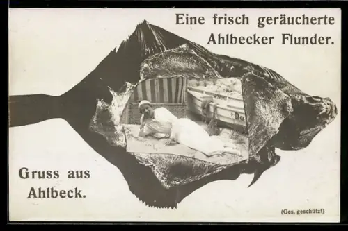 AK Ahlbeck /Usedom, Sommergast am Strand im Passepartout einer frisch geräucherten Ahlbecker Flunder