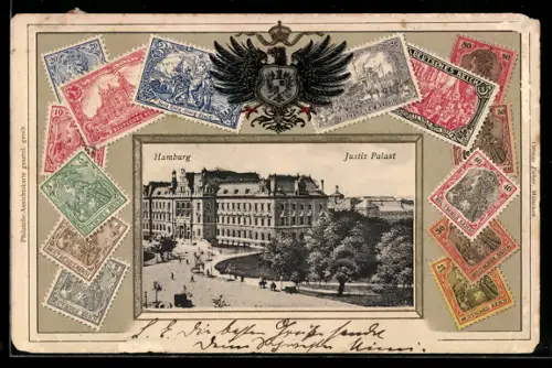 AK Hamburg-Neustadt, Blick zum Justiz-Palast, Briefmarken