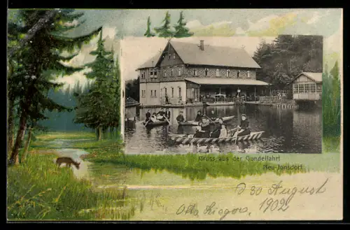Passepartout-AK Neu-Jonsdorf, Gasthaus Gondelfahrt und Familien in Ruderbooten, Waldpartie mit Bach