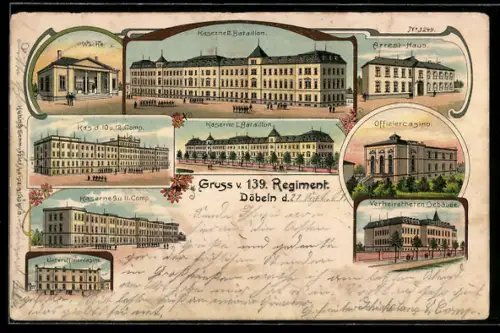 Lithographie Döbeln, 139. Regiment, Kaserne I. und II. Bataillon, Wache, Arrest-Haus