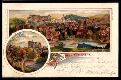 Künstler-AK Colditz, zwei Ansichten