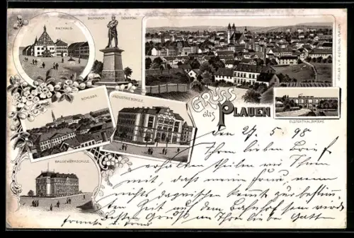 Lithographie Plauen, Bismarck-Denkmal, Baugewerkschule, Industrieschule, Schloss und Rathaus