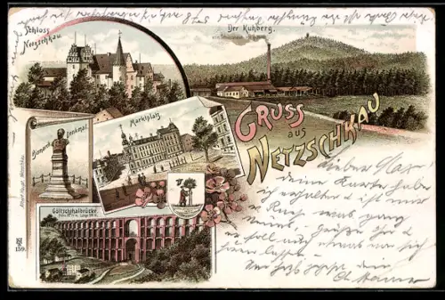 Lithographie Netzschkau, Schloss, Fabrik gegen Kuhberg, Göltzschthalbrücke