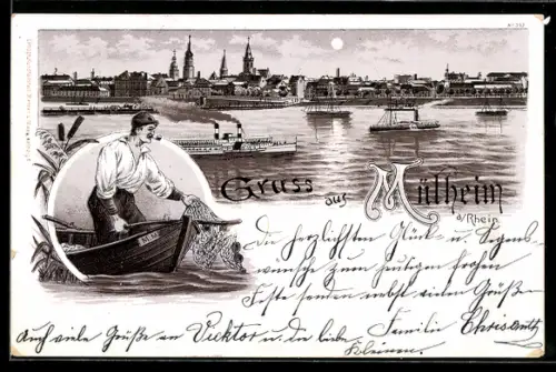 Lithographie Mülheim a. Rhein, Panoramablick auf die Stadt, Dampfer auf dem Rhein, Fischer bei der Arbeit