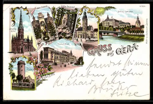 Lithographie Gera, Johannis-Kirche, Zabel-Denkmal, Liebe-Denkmal, Theater-Post, Ferber-Thurm, Rathhaus