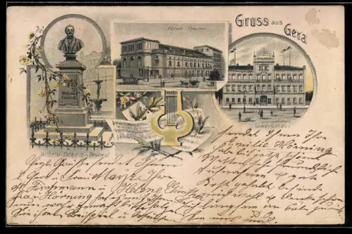 Lithographie Gera, Fürstliches Theater, Gewerbehaus, Wilhelm Tschirch-Denkmal