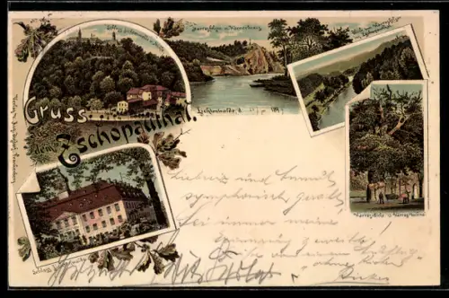 Lithographie Lichtenwalde, Schloss Lichtenwalde, Blick zum Harrasfelsen ins Zschopauthal, Harras-Eiche & Harras-Denkmal