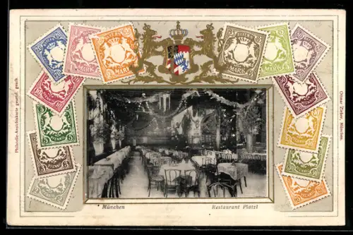 Passepartout-AK München, Restaurant Platzl, Innenansicht, Briefmarken