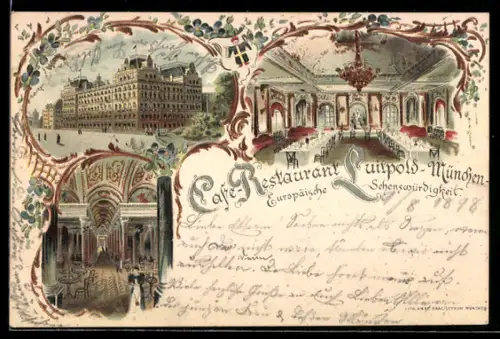 Lithographie München, Aussen- und Innenansichten des Restaurant Luitpold mit Speisesaal