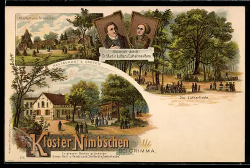 Lithographie Grimma, Klosterruine Nimbschen, Restaurant und Partie an der Lutherlinde