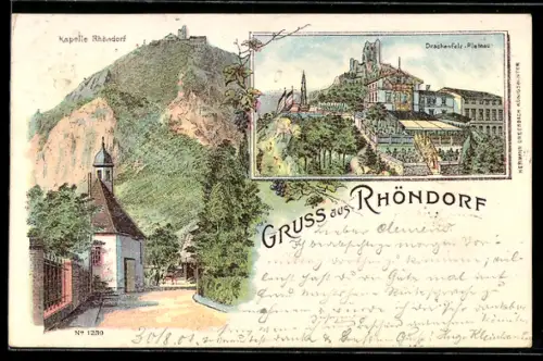 Lithographie Rhöndorf, Blick auf die Kapelle Rhöndorf und das Drachenfels-Plateau