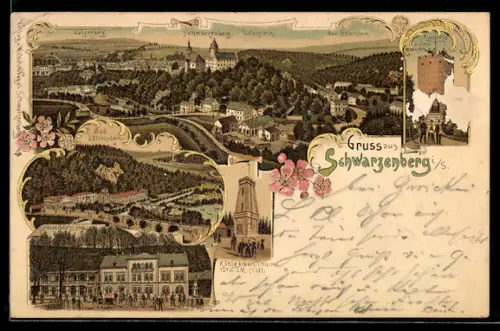 Lithographie Schwarzenberg i. S., Totalansicht des Ortes mit König Albert Thurm und Galgenberg