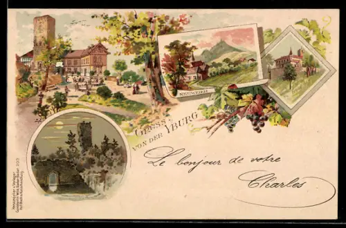 Lithographie Neuweier, Ruine der Yburg und verschiedene Ortsansichten