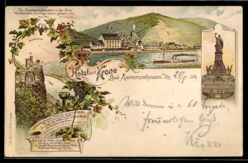 Lithographie Bad-Assmannshausen a. Rh., Totalansicht von der Seeseite, Denkmal und Burg Rheinstein