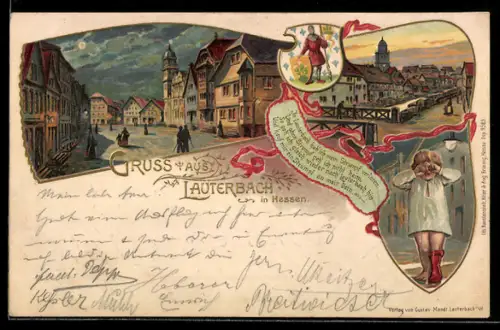 Lithographie Lauterbach in Hessen, Ortspartie bei Nacht und weinendes Kind mit fehlendem Schuh