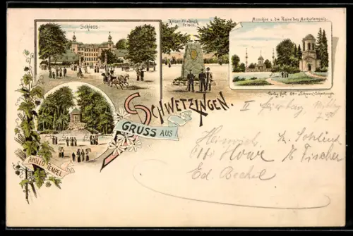 Vorläufer-Lithographie Schwetzingen, 1894, Schloss, Kaiser Friedrich-Felsen, Moschee und Ruine des Merkurtempels