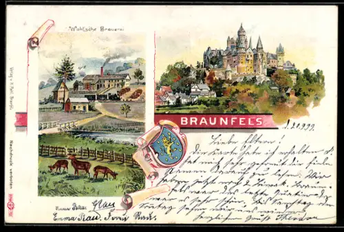 Lithographie Braunfels, Totalansicht mit Schloss und Wahl`sche Brauerei