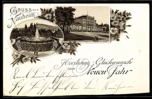 Lithographie Nauheim, Brunnen und Herrenhaus