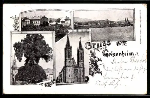 AK Geisenheim a. Rh., Ortspanorama, Kirche und beeindruckender Baum