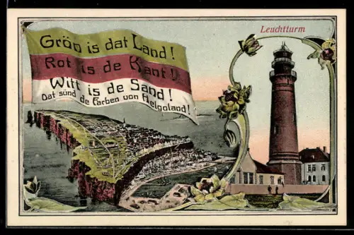 AK Helgoland, Totalansicht, Flagge und Leuchtturm