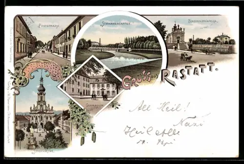 Lithographie Rastatt, Poststrasse, Schwanengarten, Einsiedlerkapelle und Stadtkirche