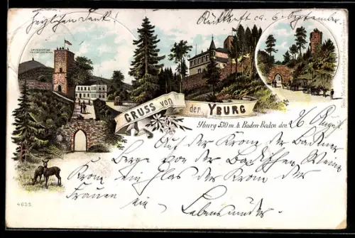 Lithographie Baden-Baden, Ruine Yburg und Friedrichsthurm