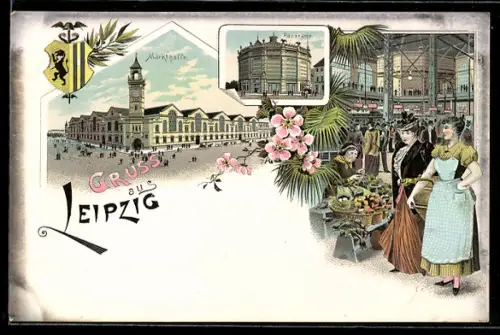 Lithographie Leipzig, Aussenansicht der Markthalle und Panorama
