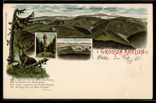 Lithographie Grosser Knollen i. H., Umgebungspanorama mit Brocken, Wurmberg und Bruchberg
