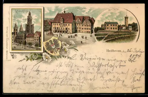 Vorläufer-Lithographie Heilbronn, 1894, Rathaus, Kilianskirche und Wartberg mit Ortswappen