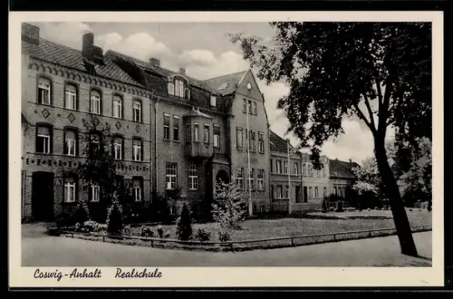 AK Coswig /Anhalt, Partie an der Realschule mit Gartenanlagen