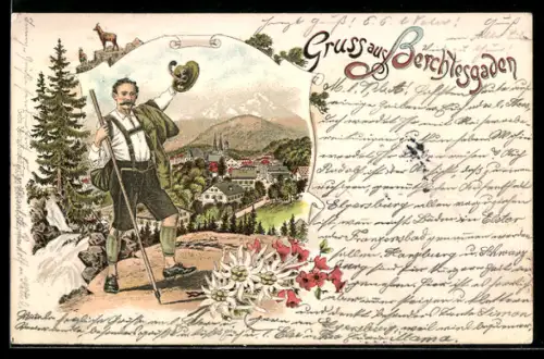 Lithographie Berchtesgaden, Mann in Tracht vor einem Ortspanorama