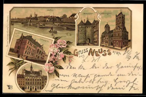 Lithographie Neuss a. Rh., Münster, Hafen, Oberthor, Gymnasium und Rathaus
