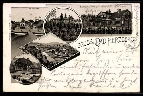 Vorläufer-Lithographie Bad Herzberg /Harz, 1895, Partie am Rathhausmarkt, Schloss, Kurhaus und Lonauer Hammerhütte