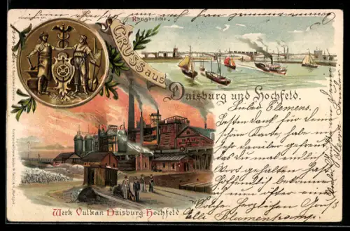 Lithographie Duisburg-Hochfeld, Partie am Werk Vulkan