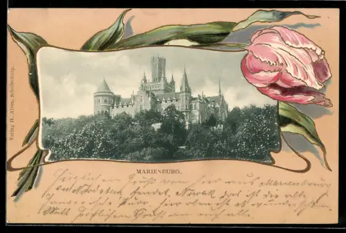 AK Marienburg, Totalansicht des Schlosses mit Umgebung und Blume im Passepartout
