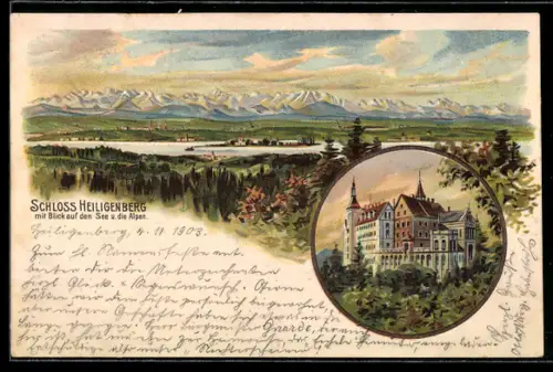 Lithographie Heiligenberg, Panorama und Aussenansicht des Schlosses