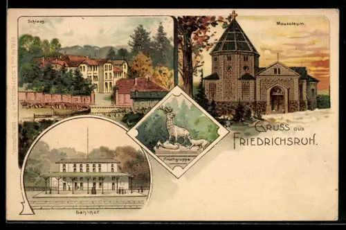 Lithographie Friedrichsruh, Mausoleum, Schloss, Bahnhof und Statue einer Hirschgruppe