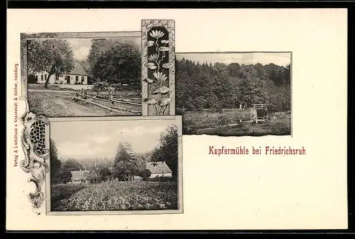 AK Friedrichsruh, Verschiedene Ortsansichten mit Umgebung und Kupfermühle