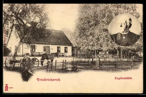 AK Friedrichsruh, Partie an der Kupfermühle mit Bismarck-Portrait