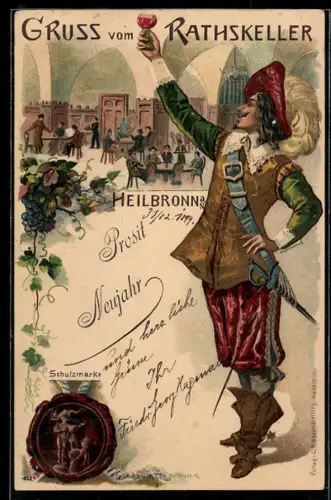 Lithographie Heilbronn, Ratskeller, Festgesellschaft, Weintrinker, Neujahrsgruss