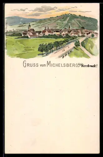 Lithographie Michelsberg /Hersbruck, Panoramaansicht mit Landstrasse u. Bergpanorama