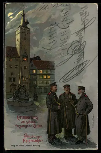 Lithographie Würzburg, Nachtwächter am Brunnen und Turmgebäude, Vollmond